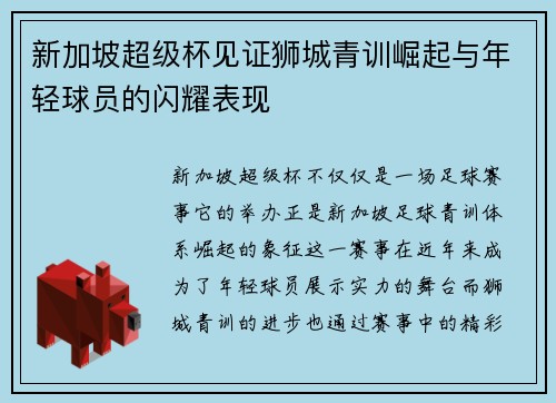 新加坡超级杯见证狮城青训崛起与年轻球员的闪耀表现