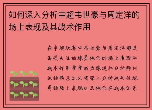 如何深入分析中超韦世豪与周定洋的场上表现及其战术作用